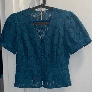 Free People Deep Teal Lace Blouse